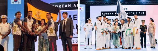 ‘2024 대사배 태권도 대회’에서 우승을 차지한 스리랑카 육군팀(왼쪽)과 준우승을 차지한 스리랑카 경찰팀. [스리랑카 한인회]