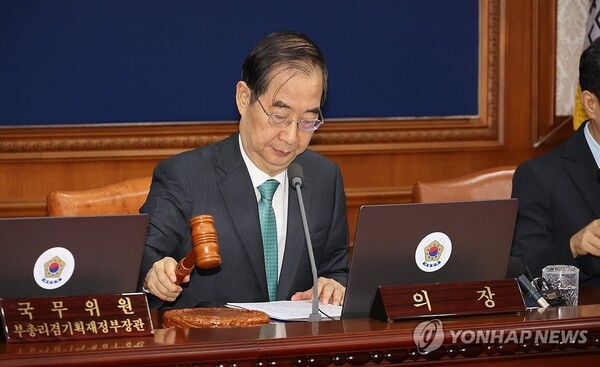 한덕수 국무총리가 3일 서울 종로구 정부서울청사에서 열린 국무회의에서 의사봉을 두드리고 있다.