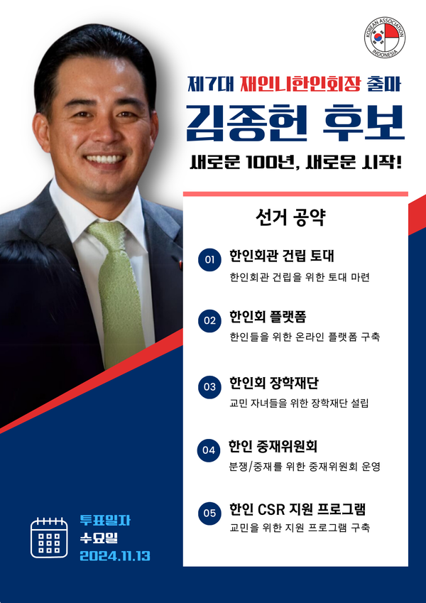 김종헌 제7대 재인니한인회장 당선인의 선거공약 홍보 포스터.