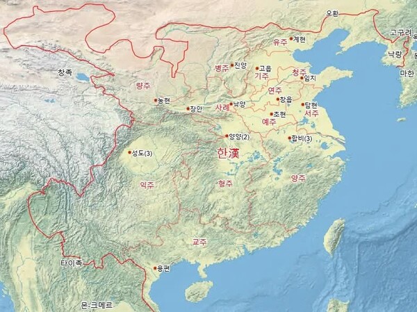 후한 13주 행정구역 지도. 기주와 유주는 지금 하북성.  유주는 하북성 중부지방의 북경, 천진을 넘어서지 못하는데 지도에는 하북성 북부, 만주 요령성을 지나 한반도 서북부까지 그려져 있다. [출처= 나무위키]