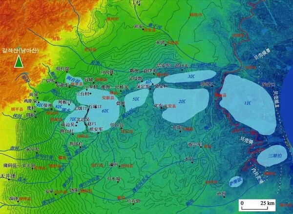 창해지도(2). 컴퓨터 그래픽으로 복원한 창해 [본 지도 출처: 历史上冀中平原“塘泺”湖泊群的分布与水系结构, 邓辉,卜凡 (北京大学城市与环境学院历史地理研究所, 北京 100871), DOI: 10.11821/dlxb202011005, 地理学报 (ACTA GEOGRAPHICA SINICA) Vol.75, No.11 November, 2020. 지구인의 고대사 공부방에서 재인용함]