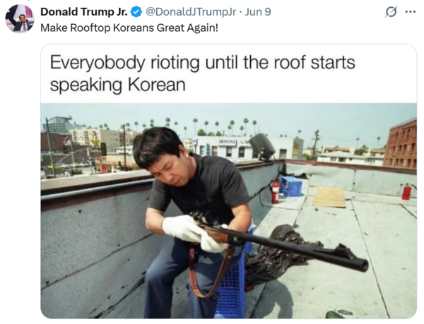 9일 도널드 트럼프 미국 대통령의 장남 도널드 트럼프 주니어가 1992년 LA폭동 당시 한인 자경단의 모습을 자신의 SNS에 올렸다. X(엑스) 캡쳐.