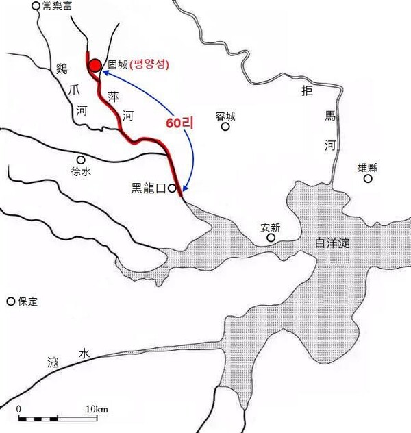 '수서'에 수나라 장수 내호아가 누선을 이끌고 창해로 가서 패수에 진입하니 고구려 평양까지의 거리가 60리이었다고 하였다. 지도에 백양정이 고대의 창해이었다.[출처=‘지구인의 고대사 공부방’]