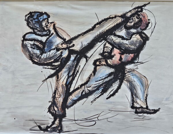 한중미술협회 회원들이 출품한 태권도 겨루기 유화 작품