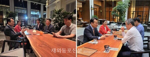 고상구 회장이 정명규 캄보디아한인회장 등 한인회 관계자들(왼쪽), 박성주 국가수사본부장(오른쪽)을 만나 캄보디아 사태를 논의하는 모습.  