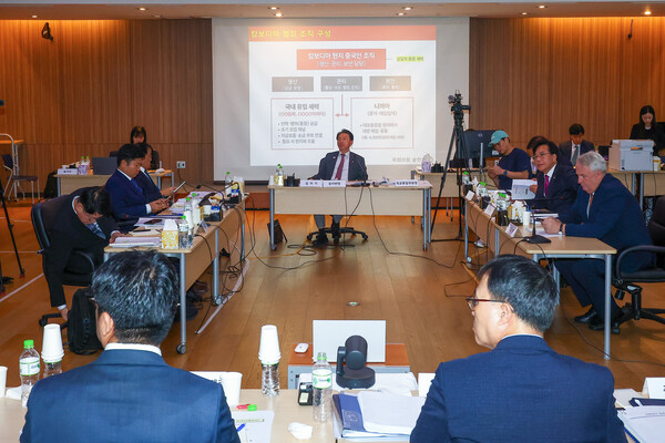 10월22일(현지시간) 캄보디아 프놈펜 주캄보디아 대사관에서 열린 국회 외교통일위원회 주캄보디아대사관 등 국정감사에서 송언석 국민의힘 원내대표가 남석현 캄보디아 경찰 영사에게 질의하고 있다. [연합뉴스]