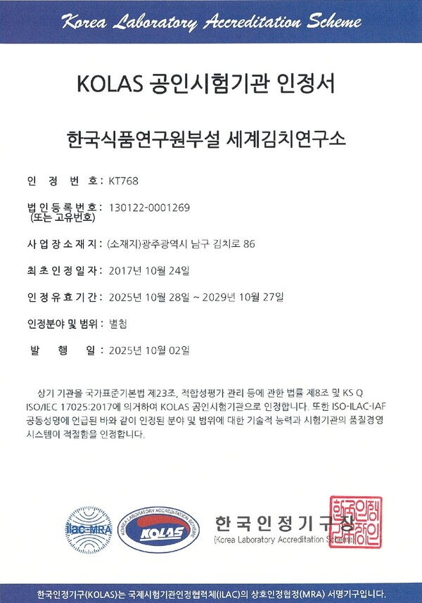 '세계김치연구소’는 국가기술표준원 산하 한국인정기구(KOLAS)로부터 공인시험기관 재인증을 획득했다.