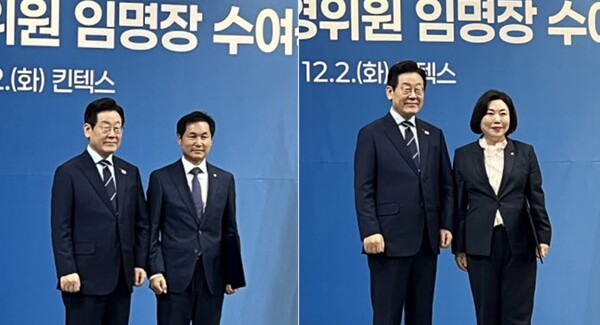 김형률(왼쪽, 미국), 이숙진(호주) 운영위원의 이재명 대통령과 기념촬영 모습. 