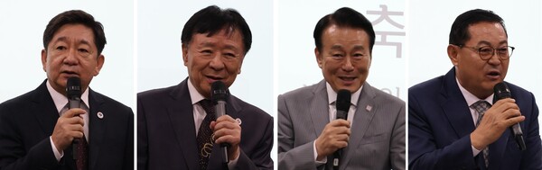 아총연·아시아한상총연 제4기 출범식에는 중동전쟁 상황에서 비행시간이 평소의 몇배가 걸림에도 불구하고 20개국에서 150명 가량이 참석했다. 사진 왼쪽부터 최종필 필리핀 중부루손한인회장의 개회선언, 심상만 아총연 명예회장, 고상구 세한총연 회장, 윤만영 필리핀한인총연합회장의 축사 모습. 