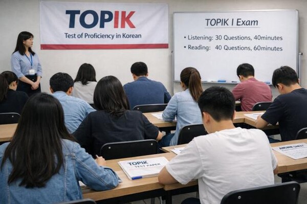 한국어능력시험(TOPIK)을 치르는 모습